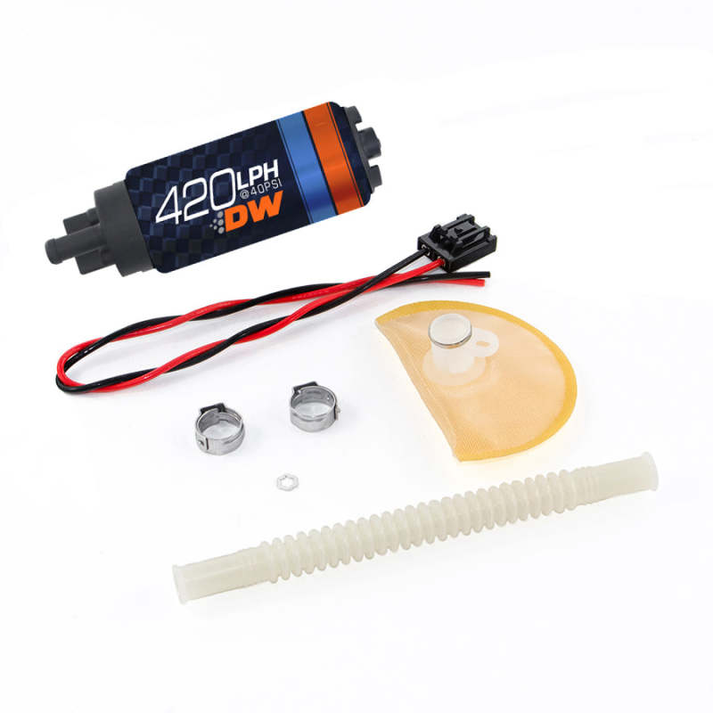 DeatschWerks DW420 Series 420lph in-tank fuel pump with install kit for Nissan 370Z 2009-2015, showing the pump and kit components.