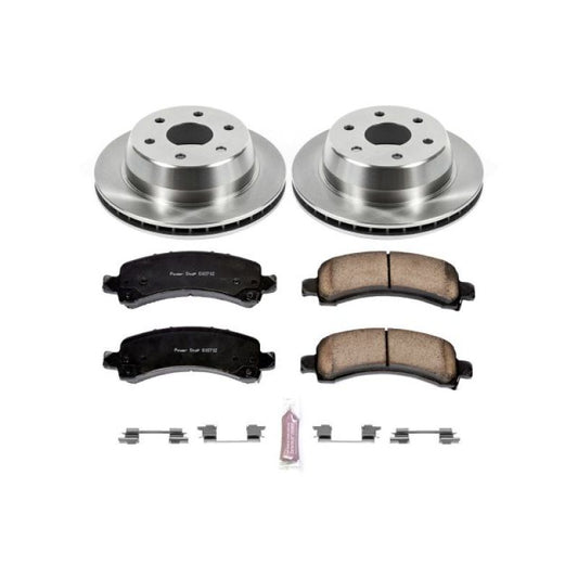 PowerStop rear Autospecialty brake kit for 2003-2006 Cadillac Escalade, including brake rotors and pads, installed on the vehicle.