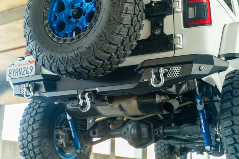 Steel rear bumper for 2018 Jeep Wrangler JL by DV8 Offroad, includes optional tire carrier in the image.