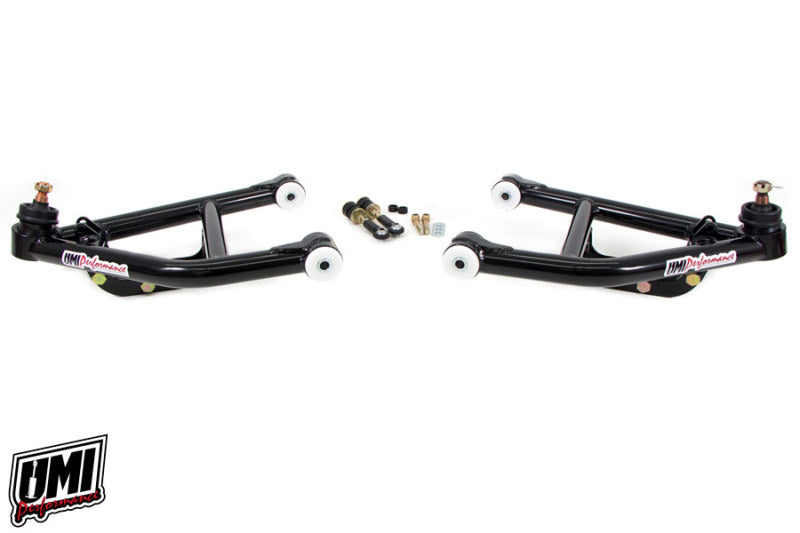 UMI Performance 64-72 GM A-Body tubular lower front control arm with corner max tall ball joint, shown in black finish.
