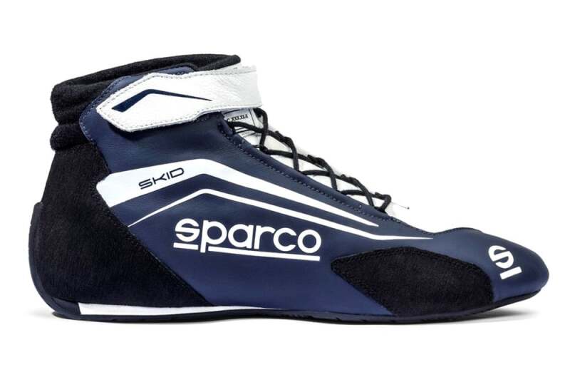 Blue and white Sparco racing shoes with skid-resistant soles, designed for motorsport performance and comfort.