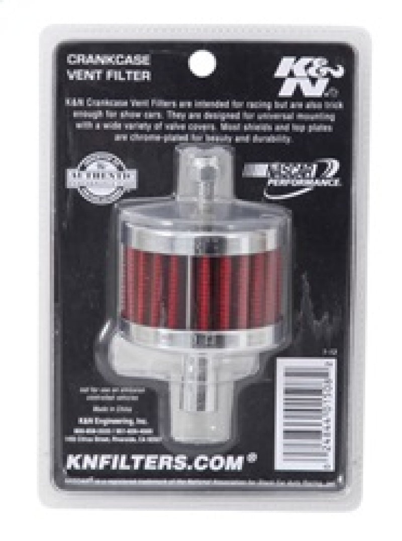 K&N Engineering steel base crankcase vent filter with 0.5-inch vent OD, 2-inch OD, and 1.5-inch height for universal fit.