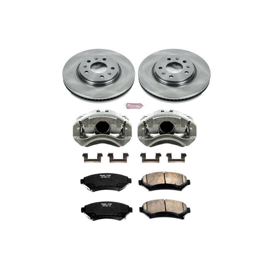 PowerStop OE front brake rotors with Autospecialty kit and calipers for Cadillac Seville 2003-2004, showing installed brake components.