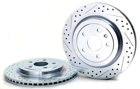 Baer Brakes rear slot and drilled performance brake rotors for 2008-2014 Cadillac CTS, showcasing vented and drilled rotor design.