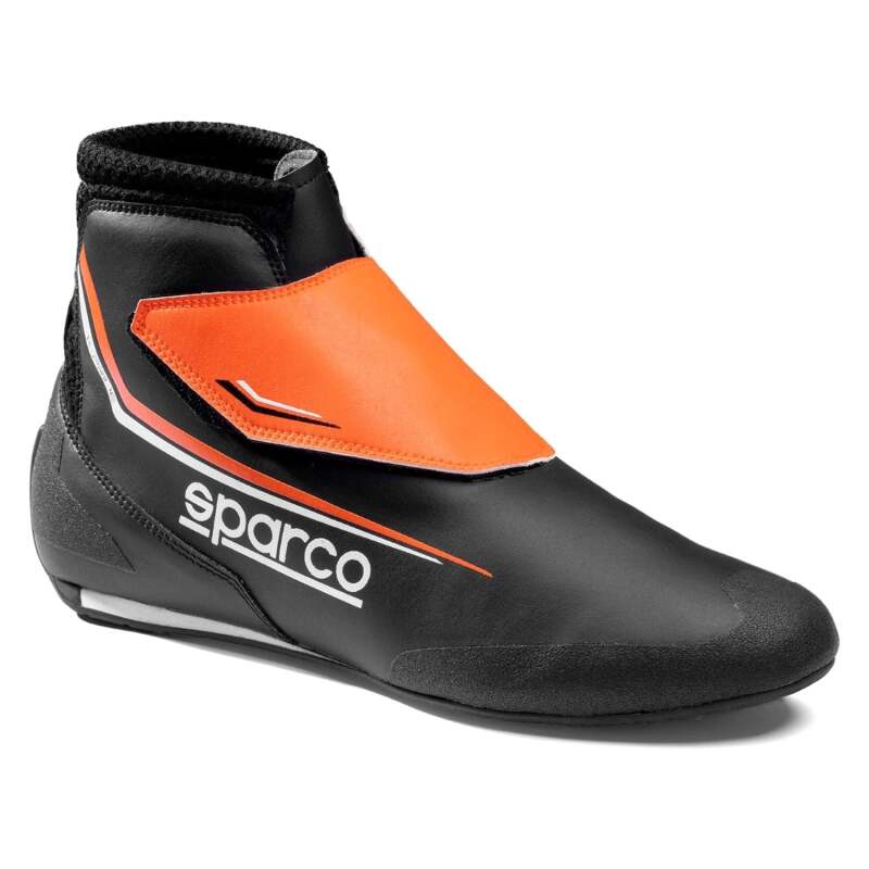 Black and orange Sparco K-Prime 45 racing shoes with racing sole and synthetic material for high-performance driving.