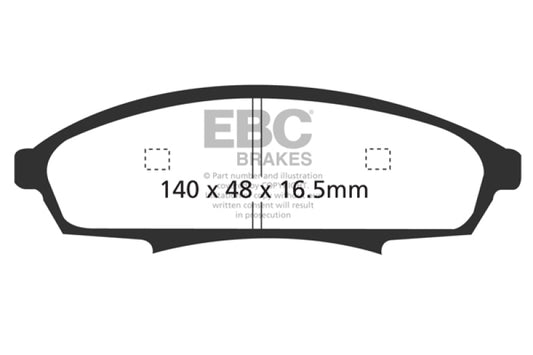 EBC Redstuff front brake pads for Buick Regal 2.8, high-performance brake pads with red friction material and metal backing plates.