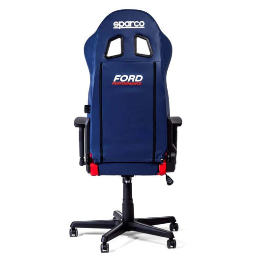 Sparco ICON Ford Performance office chair with black and red racing seat design, ergonomic armrests, and adjustable features.