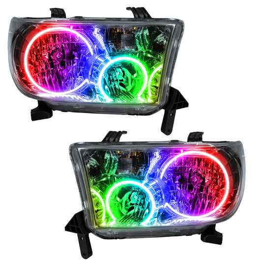 Oracle Lighting Toyota Sequoia SMD Headlights with ColorSHIFT and simple controller, showing illuminated LED headlight assembly.