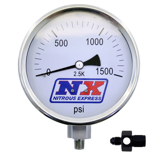 Nitrous Express 4-inch high-accuracy nitrous pressure gauge with 8AN fittings, displaying pressure readings in a detailed view.