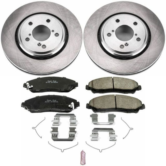 PowerStop OE front brake kit for 2017-2019 Acura MDX, including brake rotors and pads, installed on the vehicle.