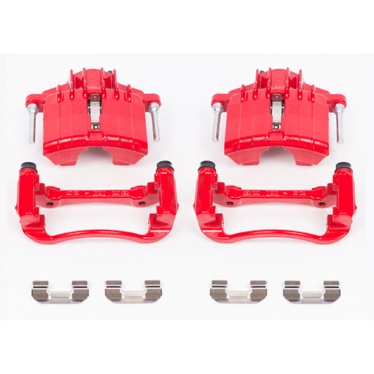 Pair of PowerStop red front brake calipers with brackets for Chevrolet Classic 2004-2005, high-performance disc brake replacement.