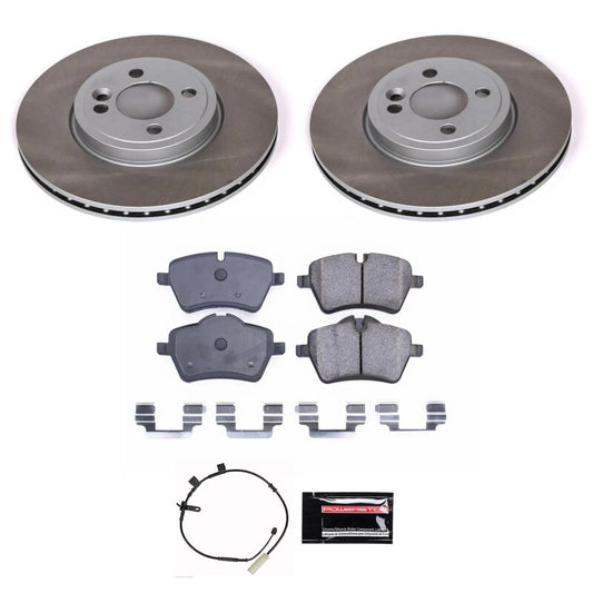 PowerStop 12-15 Mini Cooper front semi-coated brake rotor kit showing performance brake rotor with vented design and black coating