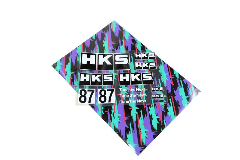 HKS multi sticker sheet with oil color decals on A4 sheet, featuring various branded stickers and decorative designs.