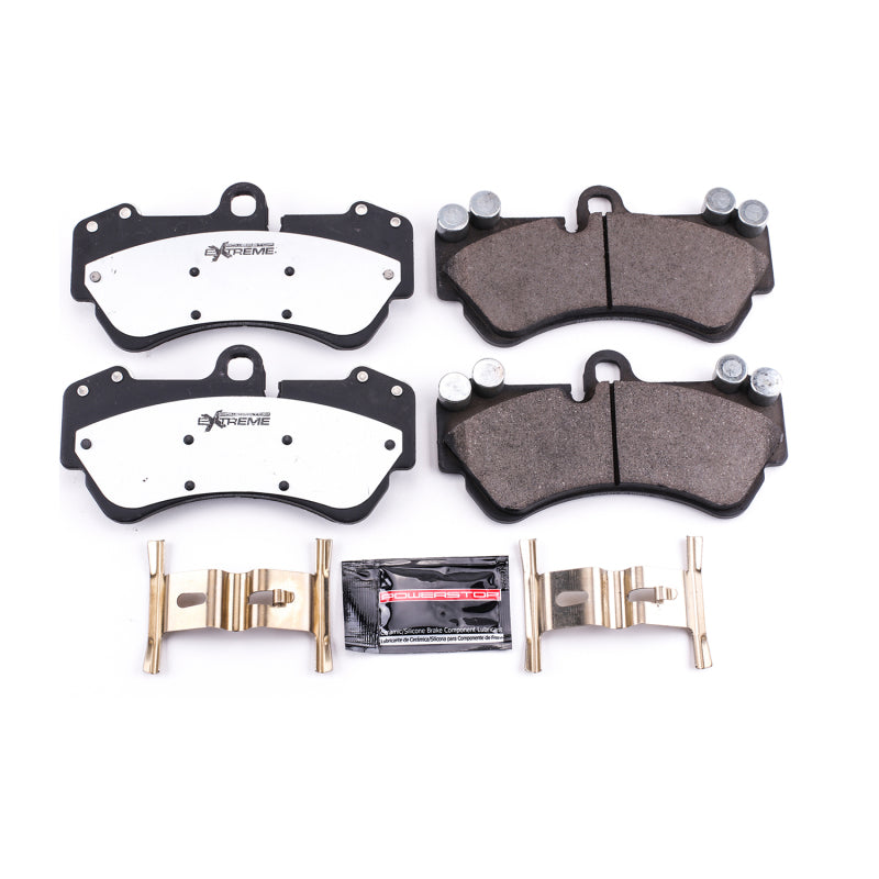 PowerStop Z26 performance front brake pads with hardware for 2017-2018 Mercedes-Benz G550, showcasing the brake pads and mounting hardware.