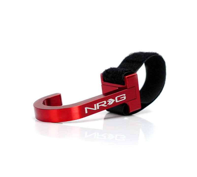 NRG CNC aluminum steering wheel hook with laser logo in red, designed for easy attachment and stylish car interior upgrade.