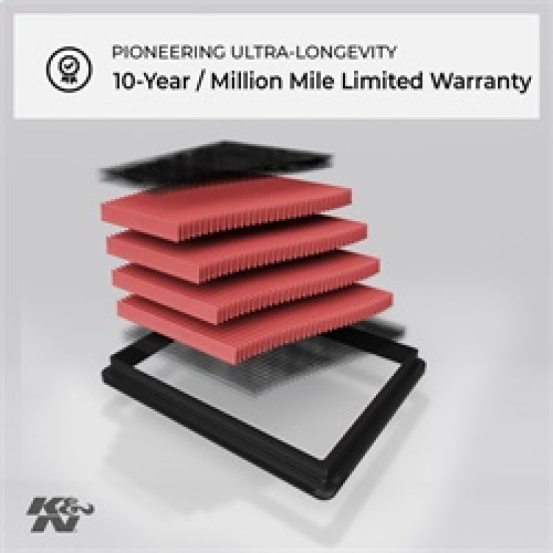 K&N Engine Air Filter for 2019 Mercedes Benz E350 L4-2.0L F/I, drop-in replacement, designed for optimal engine airflow and filtration.