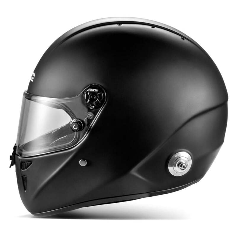SPARCO Stealth RF helmet in large matte black with black accents, showcasing aerodynamic design and secure strap.