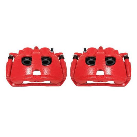 Pair of PowerStop rear red brake calipers with brackets for 2009-2010 Dodge Ram 2500, performance brake calipers for enhanced stopping power.