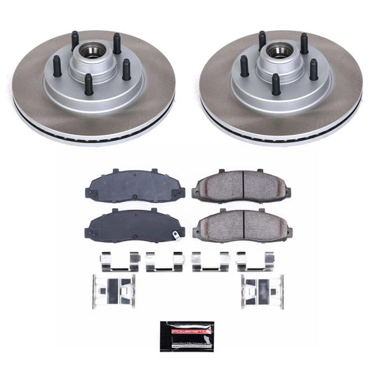 PowerStop 2002 Lincoln Blackwood front semi-coated brake rotor kit showing black-coated brake rotors and mounting hardware.