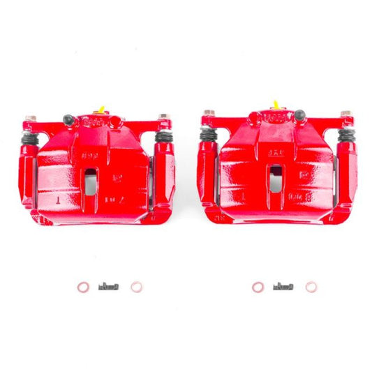Pair of PowerStop front red brake calipers with brackets for 2008-2013 Nissan Rogue, performance upgraded brake components.