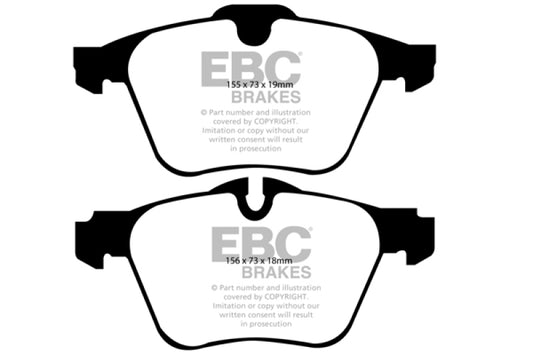 EBC Redstuff front brake pads for Jaguar XF 3.0 Supercharged, performance brake pads with red friction material.