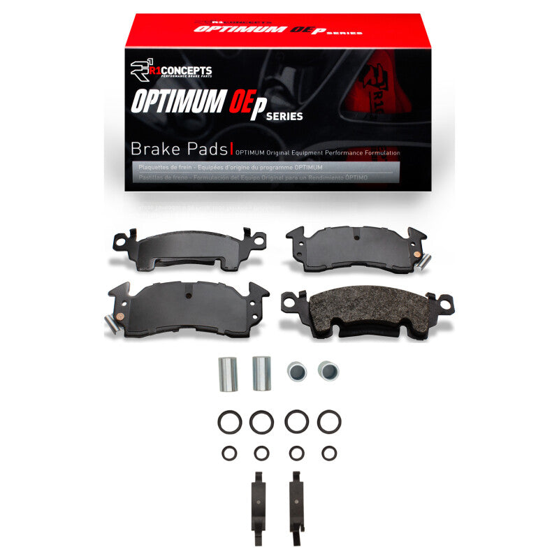 R1 Concepts OE front brake pads and hardware kit for Buick Riviera 1967-1973, includes high-quality brake pads and hardware.