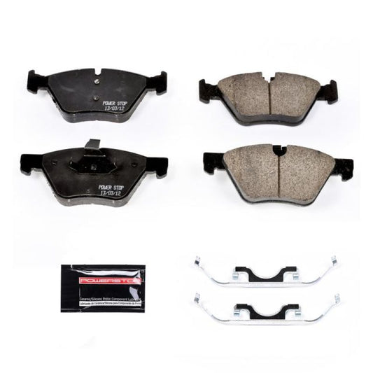 PowerStop Z23 Evolution Sport front brake pads with hardware for 2005 Jaguar Vanden Plas, high-performance brake replacement.