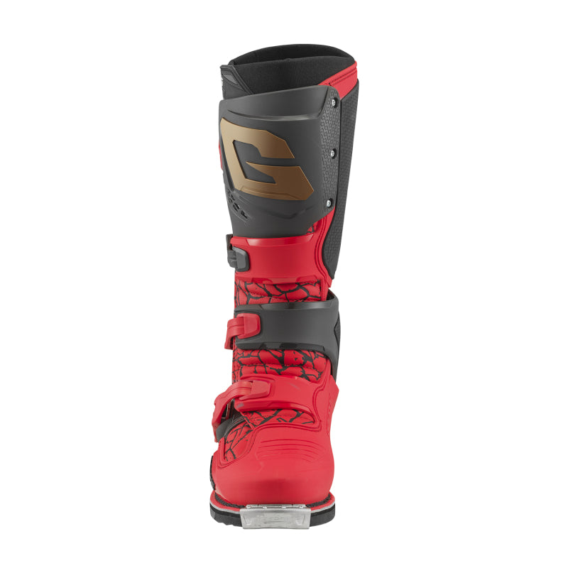 Gaerne SG22 Limited Edition motorcycle boots in deep black and fiery red, size 9.5, featuring protective design and rugged construction.