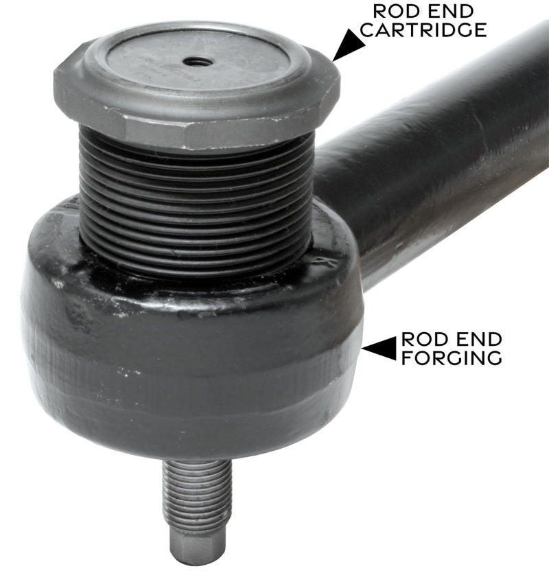 RockJock JK Currectlync RH drive bolt-on heavy-duty steering stabilizer shock mounting kit installed on vehicle steering knuckle.