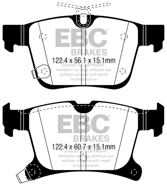 EBC 2016+ Chrysler Pacifica rear brake pads, Ultimax2 OE replacement brake pads installed on the vehicle.