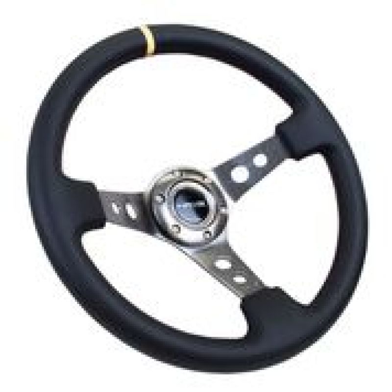 NRG reinforced 350mm black leather steering wheel with gunmetal cutout spoke and yellow center mark, 3-inch deep dish design.