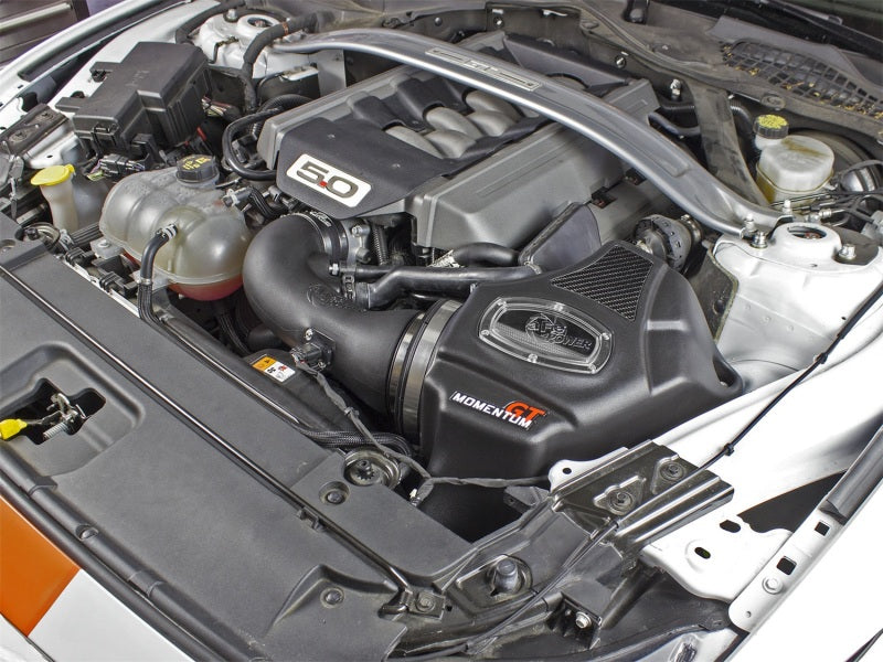 aFe Momentum GT Pro Dry S cold air intake system installed in a 2015 Ford Mustang GT V8 5.0L engine bay