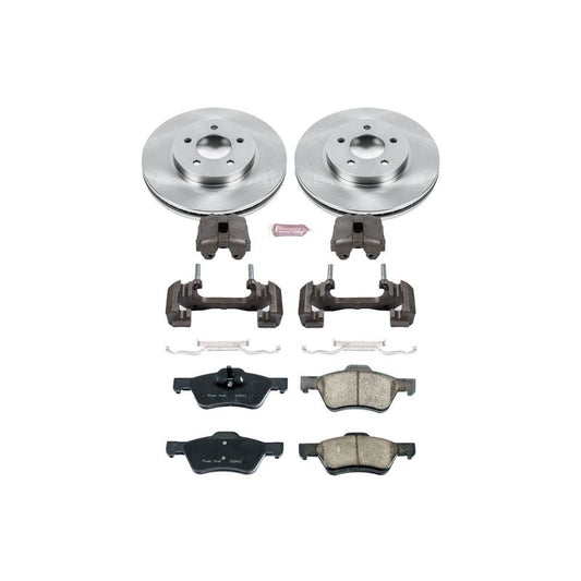PowerStop OE brake kit with calipers for Ford Escape 2010-2012 front brake replacement, includes brake pads and hardware.