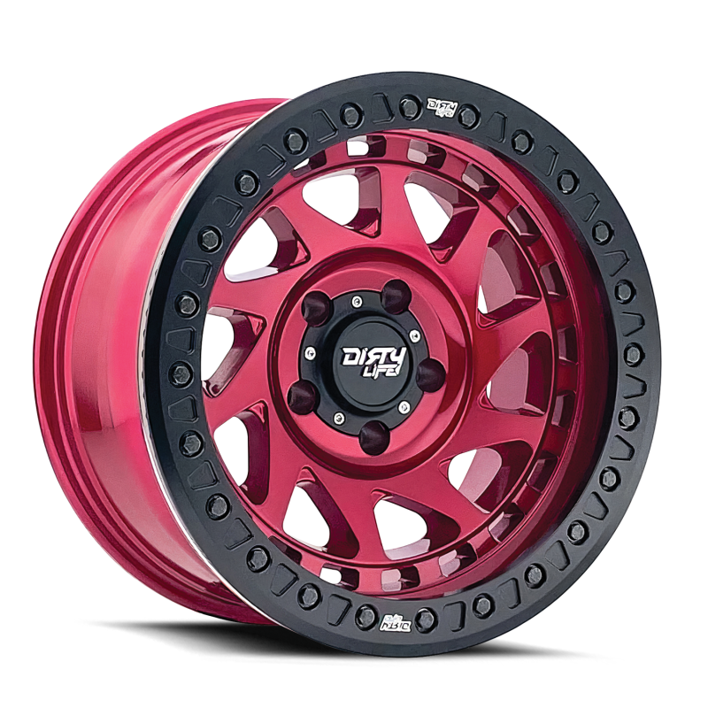 Dirty Life Enigma Race 17x9 cast wheel in Crimson Candy Red with 6x139.7 bolt pattern, -38mm offset, and 106mm hub.