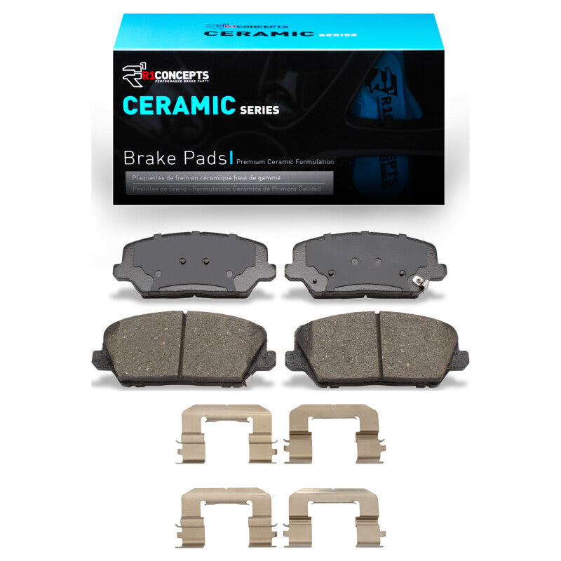R1 Concepts Kia Forte 2014-2018 front ceramic brake pads and hardware kit, OE quality for reliable stopping power.