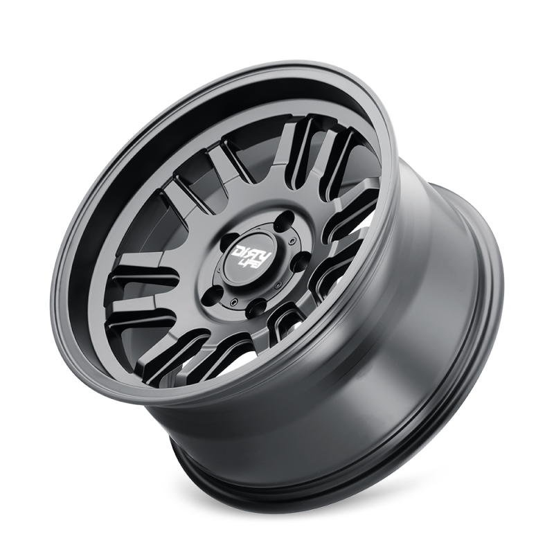 Dirty Life Canyon 17x9 matte black cast wheel with 6x139.7 bolt pattern, -12mm offset, and 106mm hub for off-road vehicles.