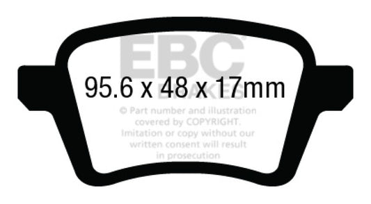 EBC 13+ Fiat 500L 1.4 Turbo Redstuff rear brake pads for high-performance braking, shown in red with metal backing plates.