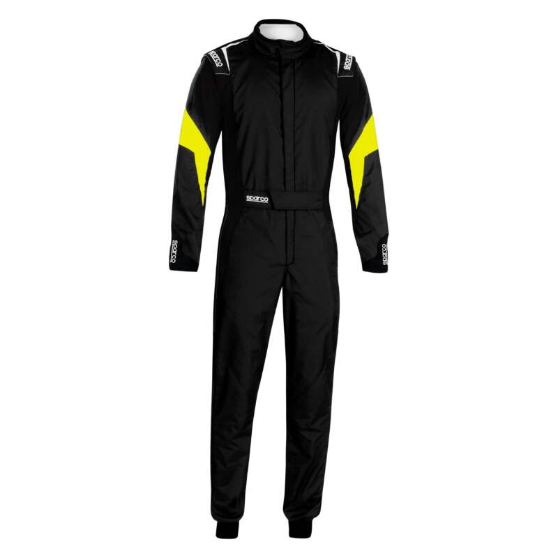 Sparco competition racing suit with black and yellow design, featuring boot cuffs, designed for motorsport safety and performance.