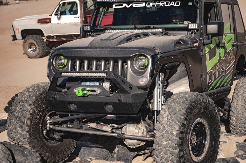 DV8 Offroad black metal heat dispersion hood for Jeep Wrangler JK 2007-2018, featuring a durable primer black finish.