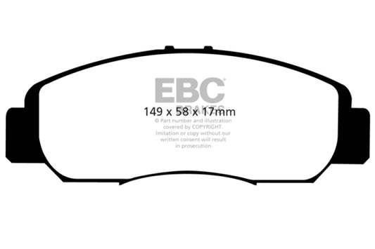 EBC Redstuff front brake pads for Acura CSX 2006-2011, high-performance brake pads with red friction material, close-up view