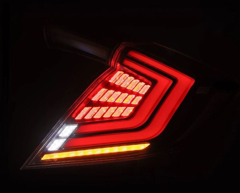 Pair of AlphaRex Nova-Series LED tail lights in black for 2016-2021 Honda Civic Hatchback Type-R FK8, showcasing sleek design.