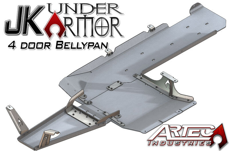 Artec Industries four-door Jeep Wrangler JK under armor skid plates for model years 2007-2011, protective bellypan kit.