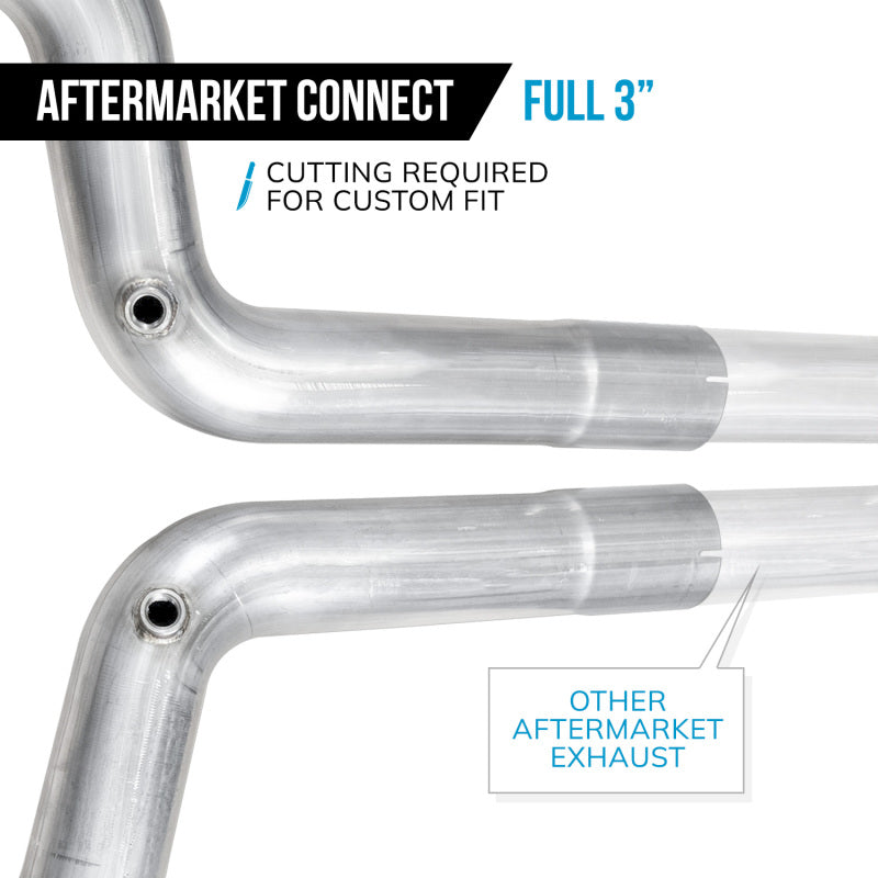 Stainless Works 15-25 Mustang GT lead pipe kit for aftermarket headers and manifolds, showing the polished metal pipes.