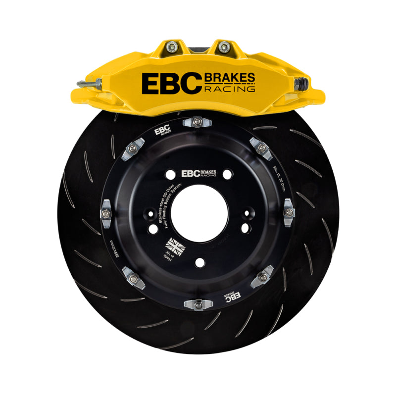 EBC Racing yellow Apollo-6 front brake calipers with 380mm rotors for Volkswagen Golf R 20-23, part of big brake kit