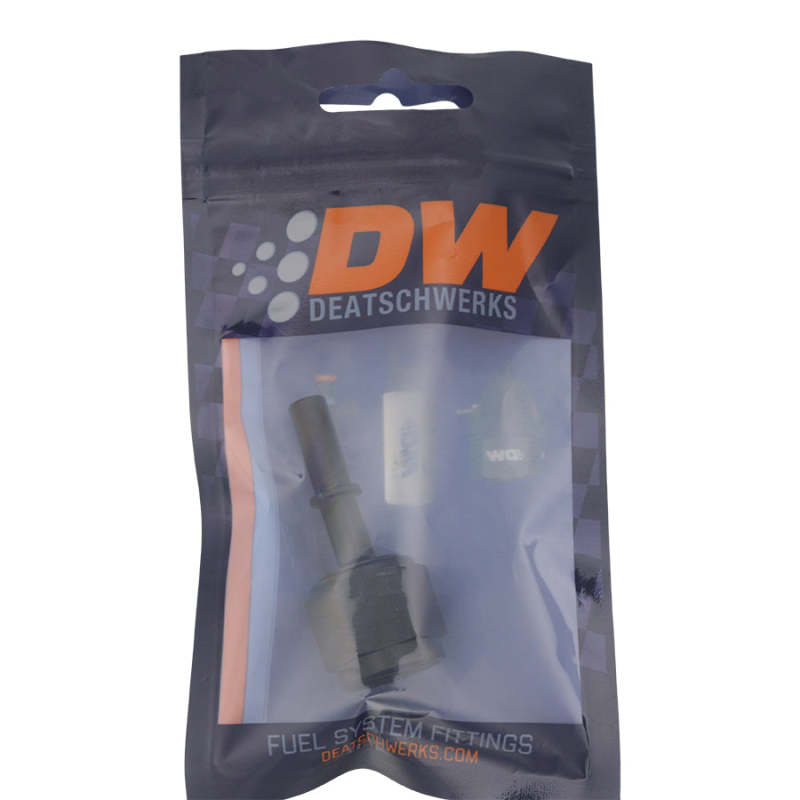 DeatschWerks 8AN female flare swivel fitting to 5/16 inch male EFI quick disconnect in matte black for fuel system connections.