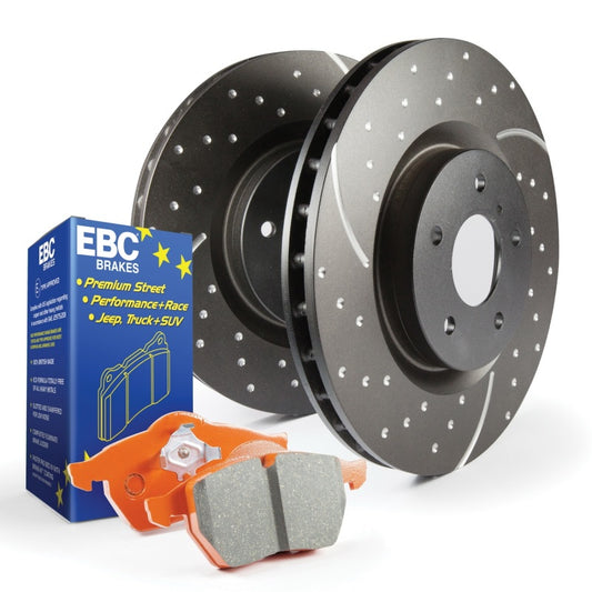 EBC S8 brake pad and rotor kit featuring slotted and drilled brake rotors for enhanced stopping performance.