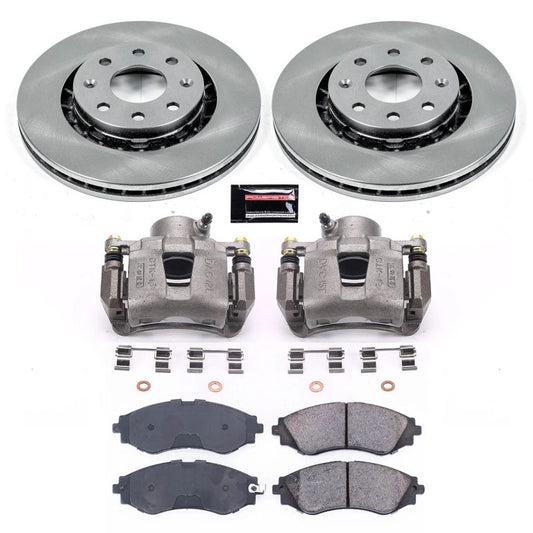 PowerStop OE front brake kit with calipers for 2004-2011 Chevrolet Aveo, includes brake rotors and pads.