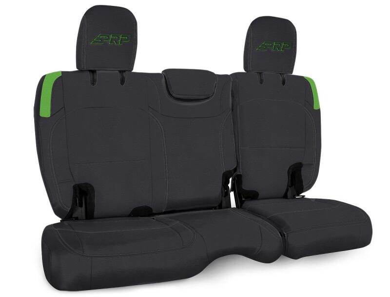 PRP Seats Jeep Wrangler JL rear bench seat covers for 4-door models, black and green fabric, no armrest, durable protective upholstery.