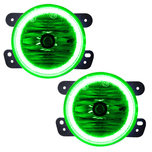 Oracle Lighting green LED halo fog lights installed on a 2011-2013 Jeep Grand Cherokee, showcasing pre-assembled fog light assembly.