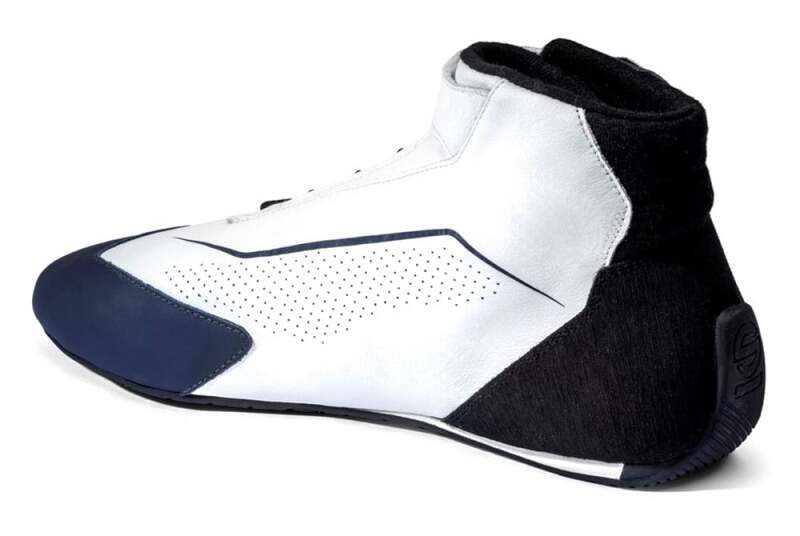 Blue and white Sparco racing shoes, size 43, with skid sole design, crafted for motorsport driving.